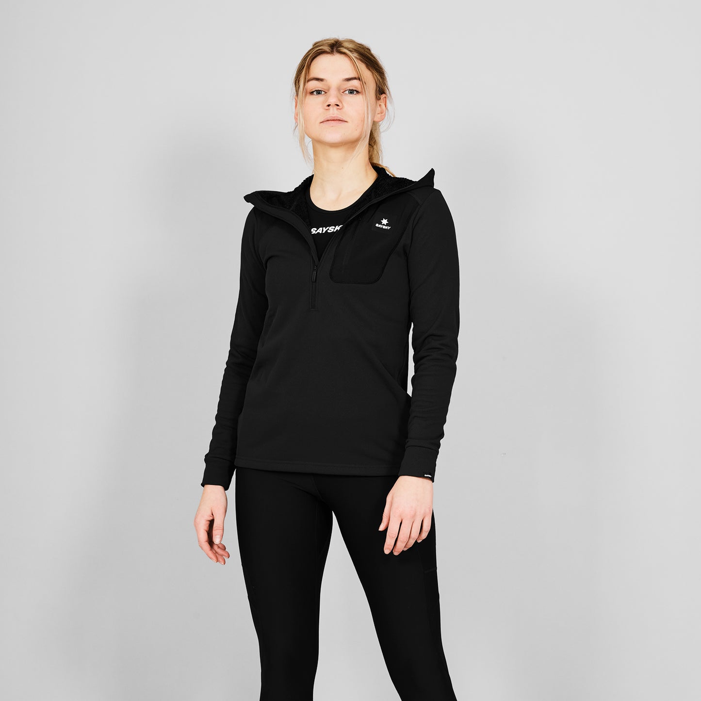 W COMBAT HALF ZIP FLEECE HOODIE | BLACK - SAYSKY